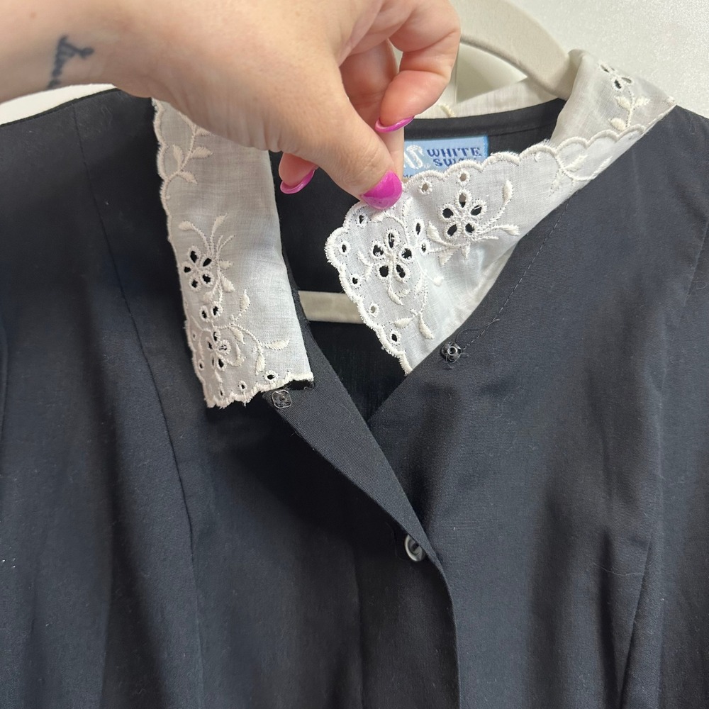 VTG 60s/70s Black Nurses Dress Womens 14 Lace PeterPan Collar Wednesday Addams - Picture 14 of 16